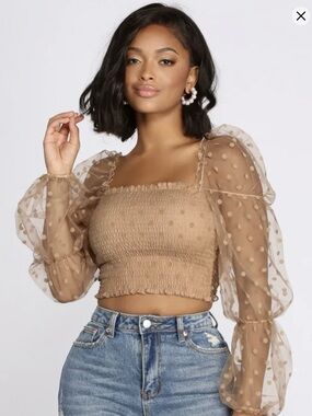 Studio F Sheer Polka Dot Puff Sleeve Crop Top - Pale Yellow